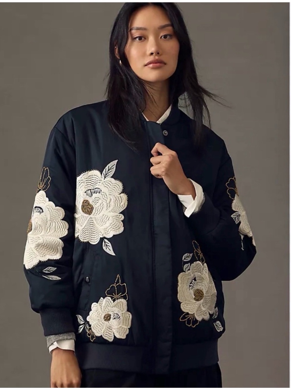 Anthropologie Navy Bomber Jacket with White & Gold Floral Embroidery